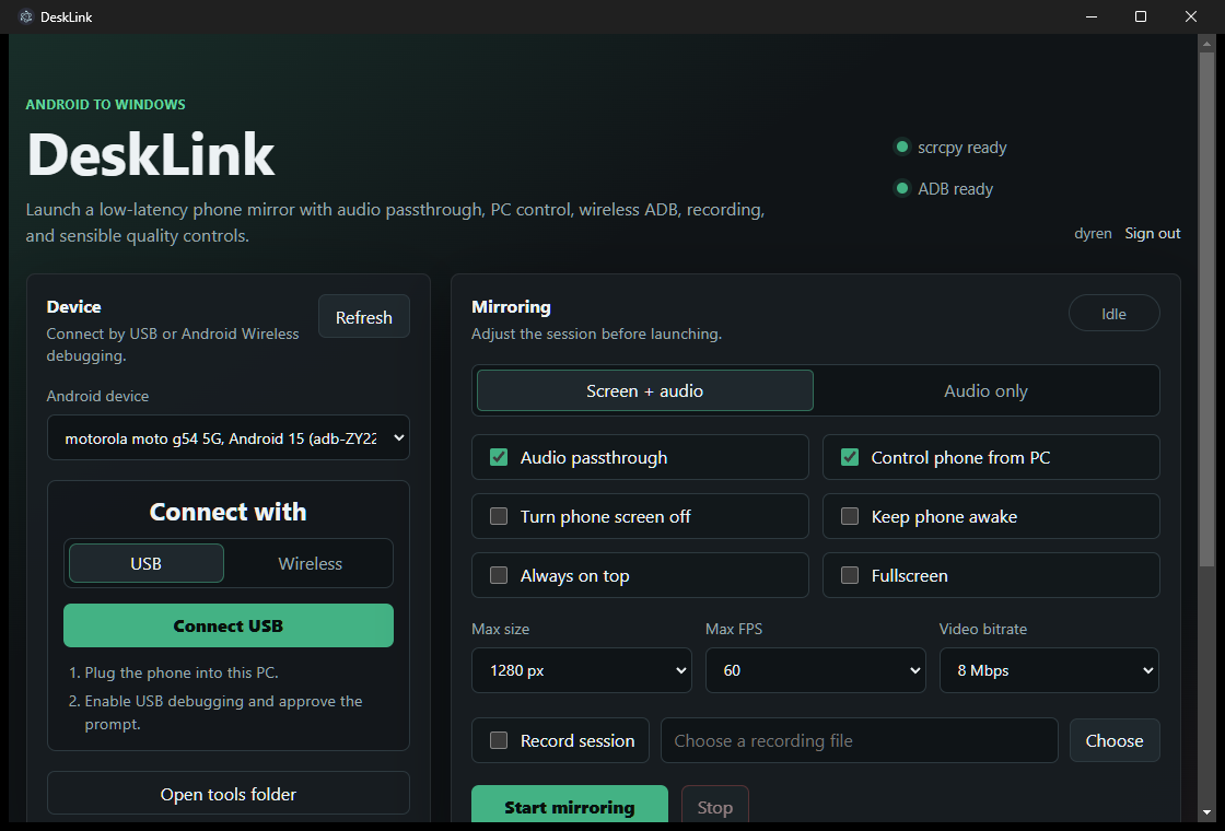 DeskLink app showing device connection and mirroring controls